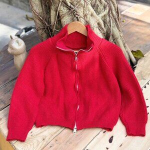 Bright Red Ribbed Knit Zip Cardigan Sweater